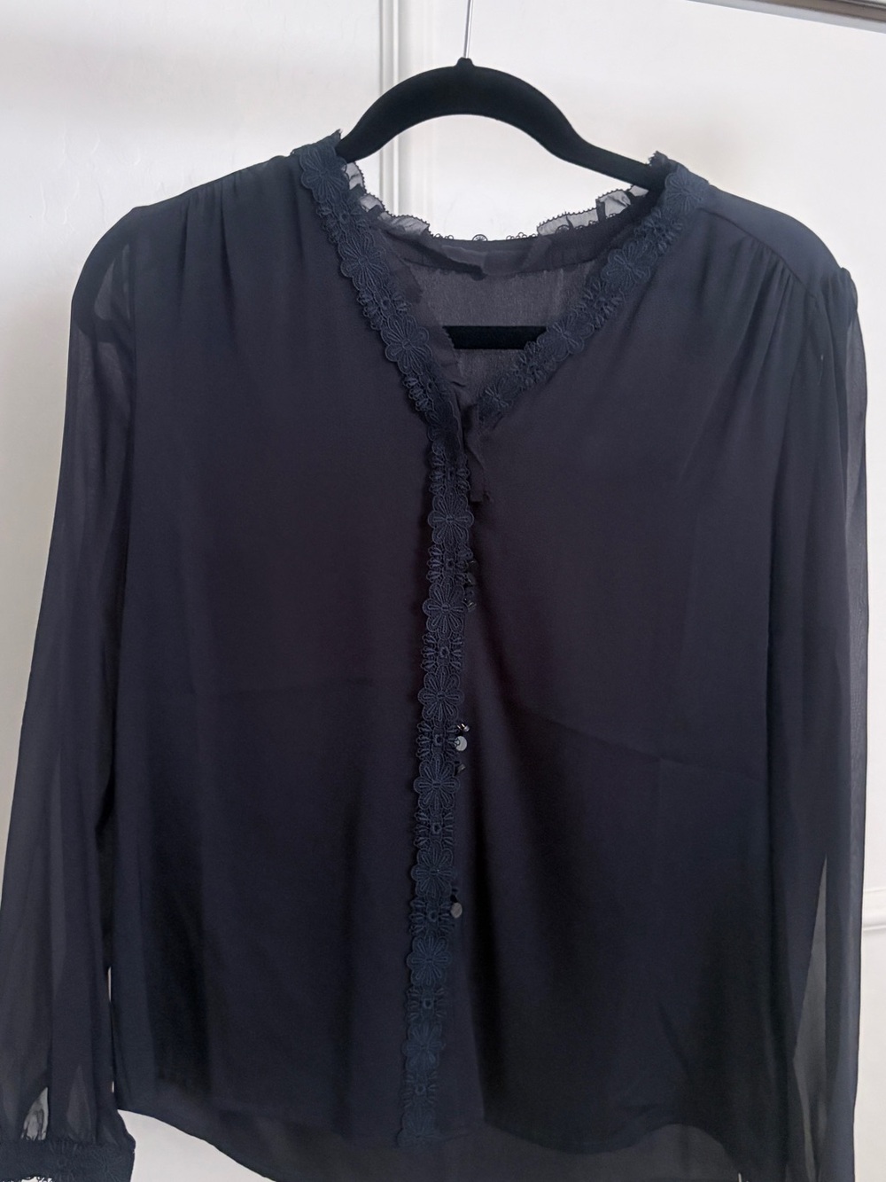 Black Lace-Trim Heavy Silk Blouse - Fits M (6-8)